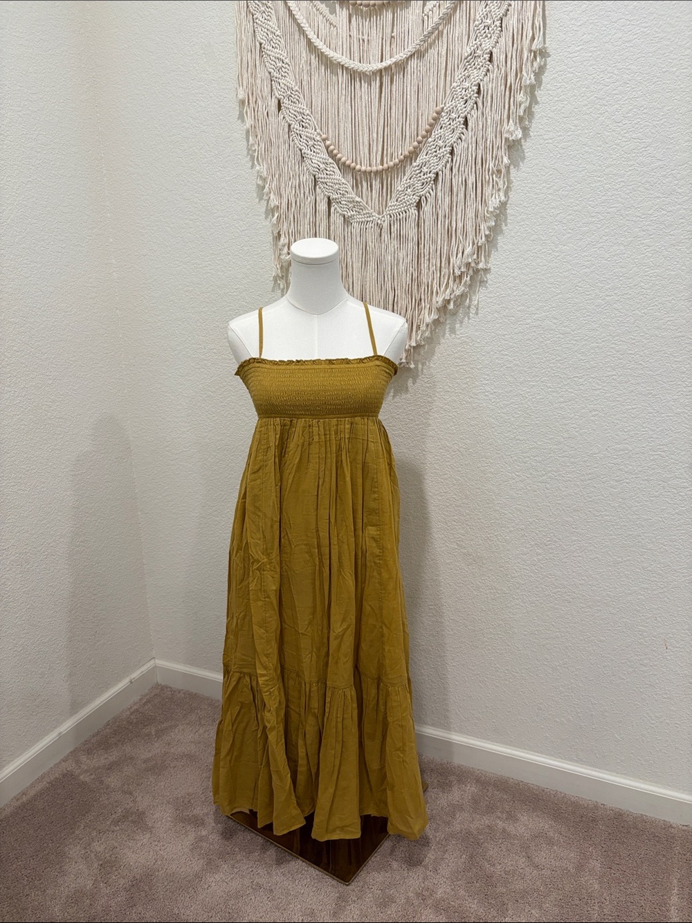 Free People Mustard Smocked Strap Maxi Dress